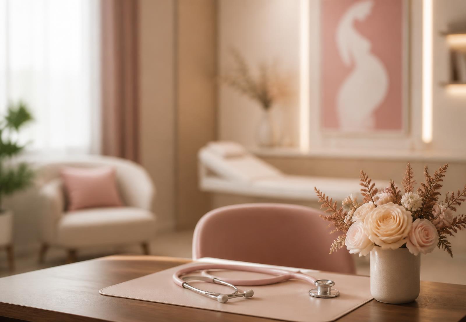A calm, softly lit maternal health consultation room with a stethoscope resting on a desk